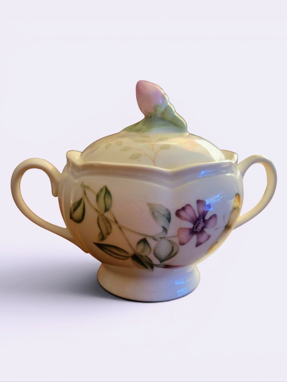 Lenox Butterfly Meadow Porcelain Sugar Bowl with Lid. Floral, Ladybug